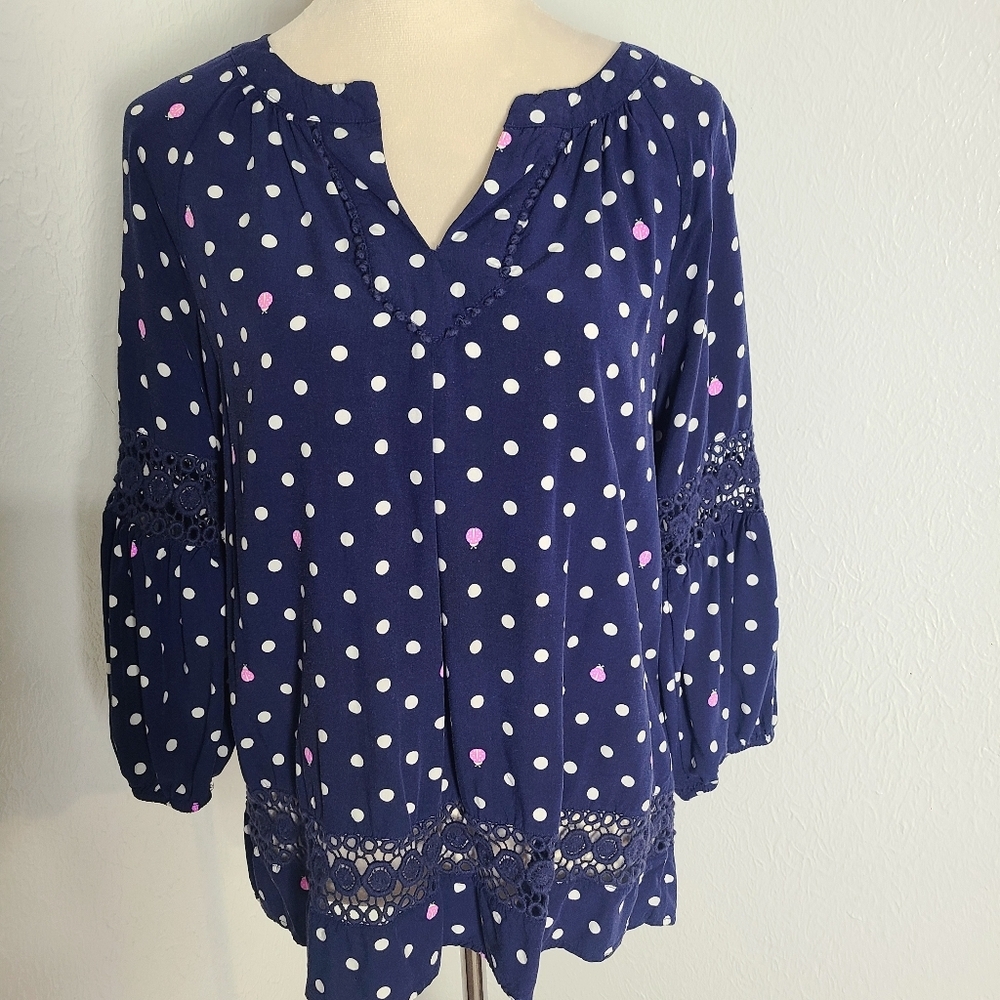 Crown & Ivy Bohemian Navy Blue & White Polka Dot Top, Lace Trim, Size Medium